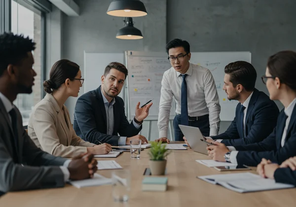 A leader confidently presenting ideas to a diverse team