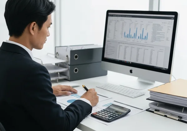 Person working meticulously with data and documents