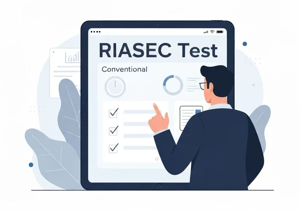 Person taking RIASEC test on screen, conventional type focus