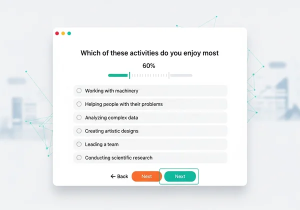 Online RIASEC test interface showing questions