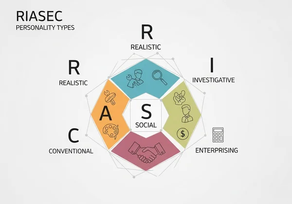 Infographic showing the 6 RIASEC personality types