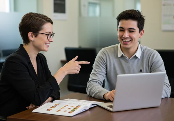 Student confidently discussing major choice with a counselor