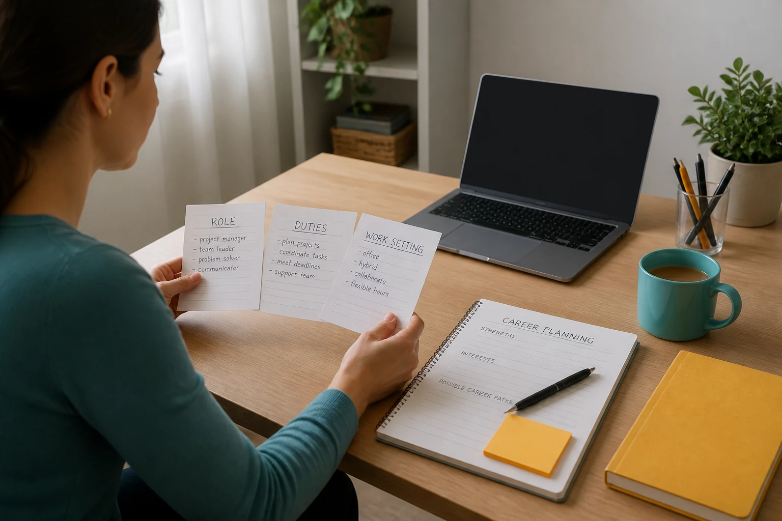 Person comparing work role notes
